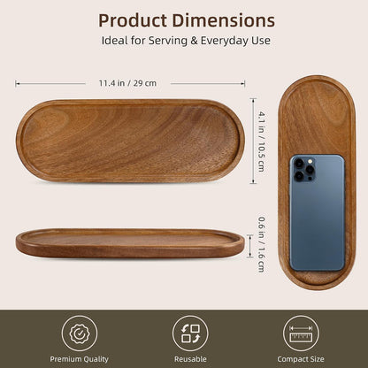 Small Acacia Wood Serving Tray, Wooden Decorative Tray for Coffee Table, Kitchen, Bathroom Counter - Wood Platter for Candles, Perfume, Snacks (11.4 x 4.1 x 0.6 in)