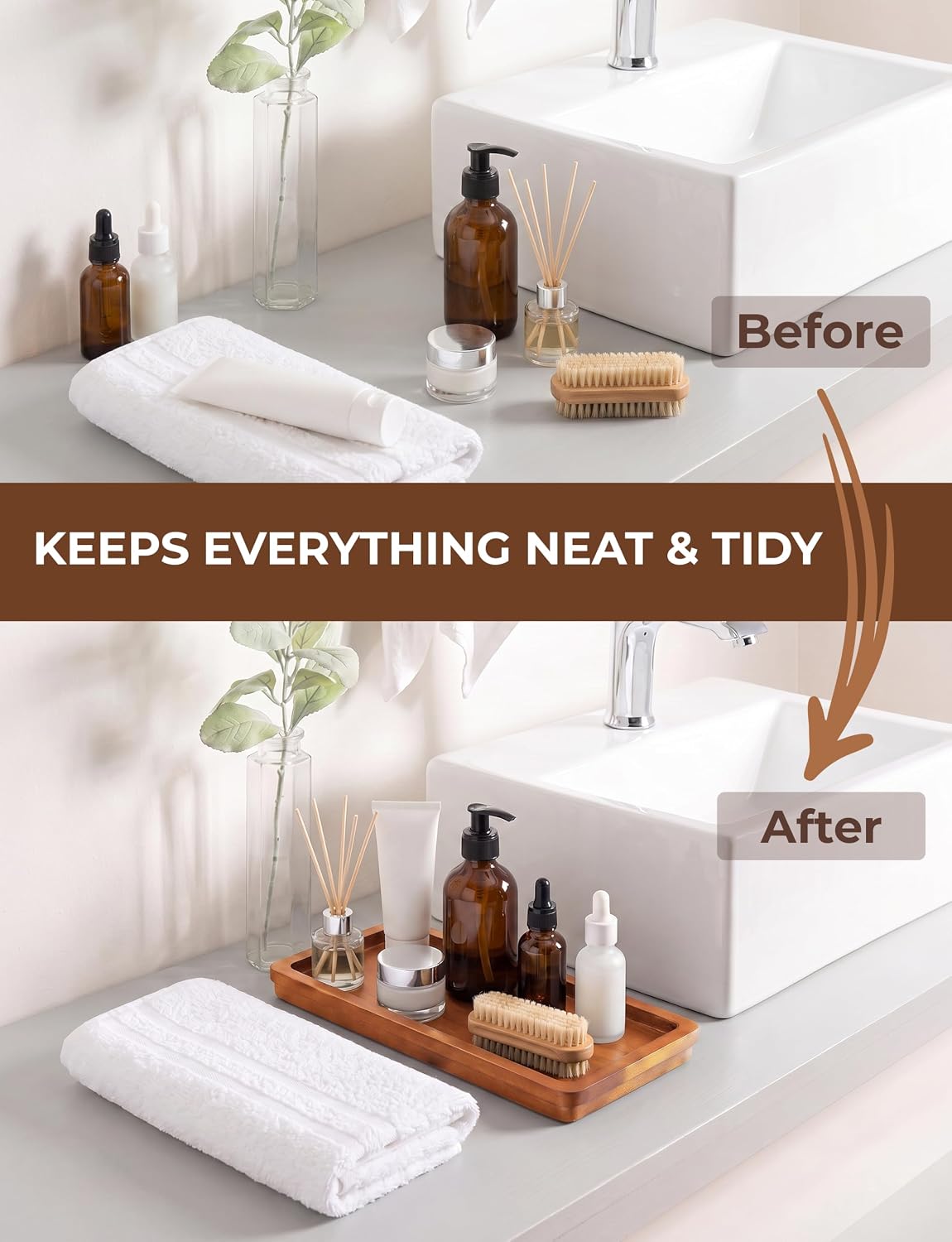 Demigo Bathroom Vanity Tray, Natural Acacia Organizer Tray, 11.8 x 5.9 in