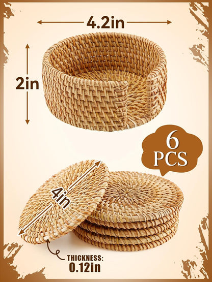 Handmade Rattan Coasters Set of 6 with Holder, Farmhouse Home Decor