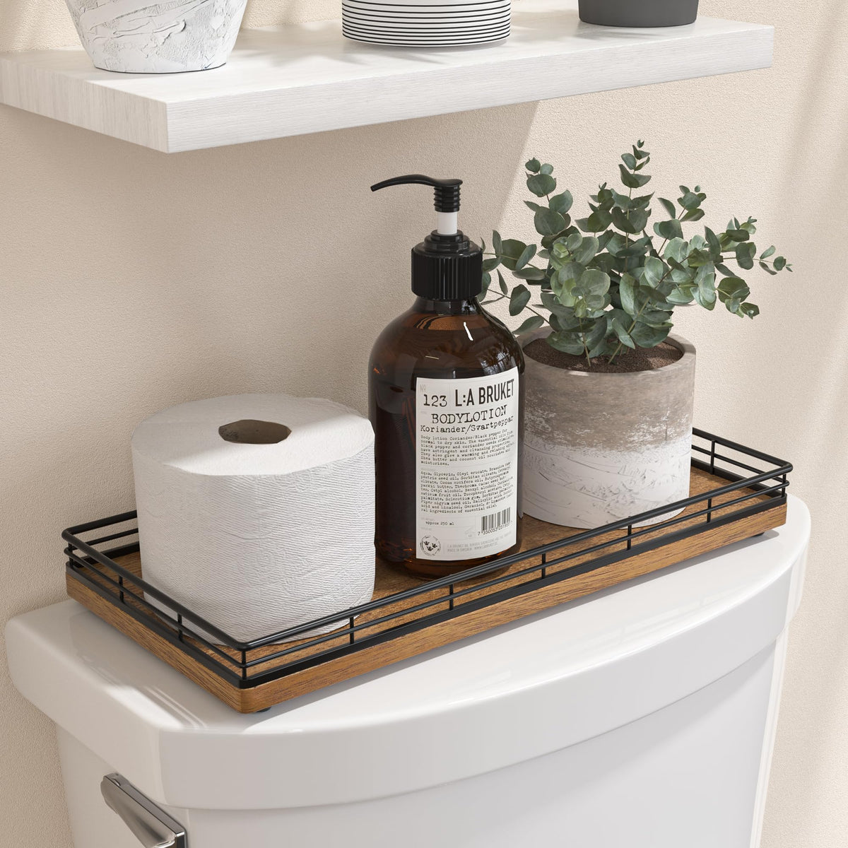 Bathroom Tray for Counter, Oak Wood 11" L Small Vanity Tray for Dresser Tops Perfume Jewelry Makeup Candle Soap Sponge Holder for Kitchen Countertop Organizer Coffee Table Decor Bar Black