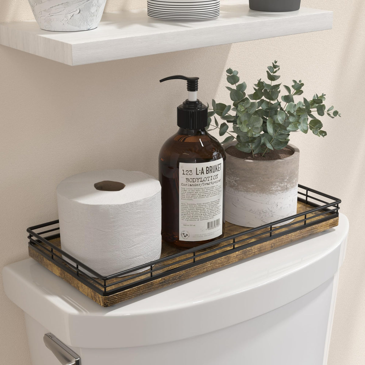 Bathroom Tray for Counter, Oak Wood 11" L Small Vanity Tray for Dresser Tops Perfume Jewelry Makeup Candle Soap Sponge Holder for Kitchen Countertop Organizer Coffee Table Decor Bar Black