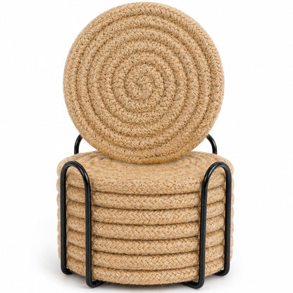 ABenkle 8 Pcs Drink Coasters with Holder, Cotton Woven Absorbent Coasters for Drinks, Minimalist Home Decor Coaster Set for Wooden Tabletop Protection Table, 4.3 inches Mixed Brown