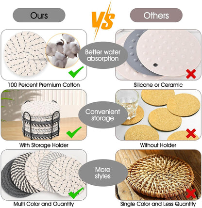 Billbotk 10 Pieces Coasters for Drinks, Absorbent Drink Coasters with Holder, Coffee Table Coaster Set for Home Decor, Apartment Decor Aesthetic, Living Room Essentials, 4.3 Inches