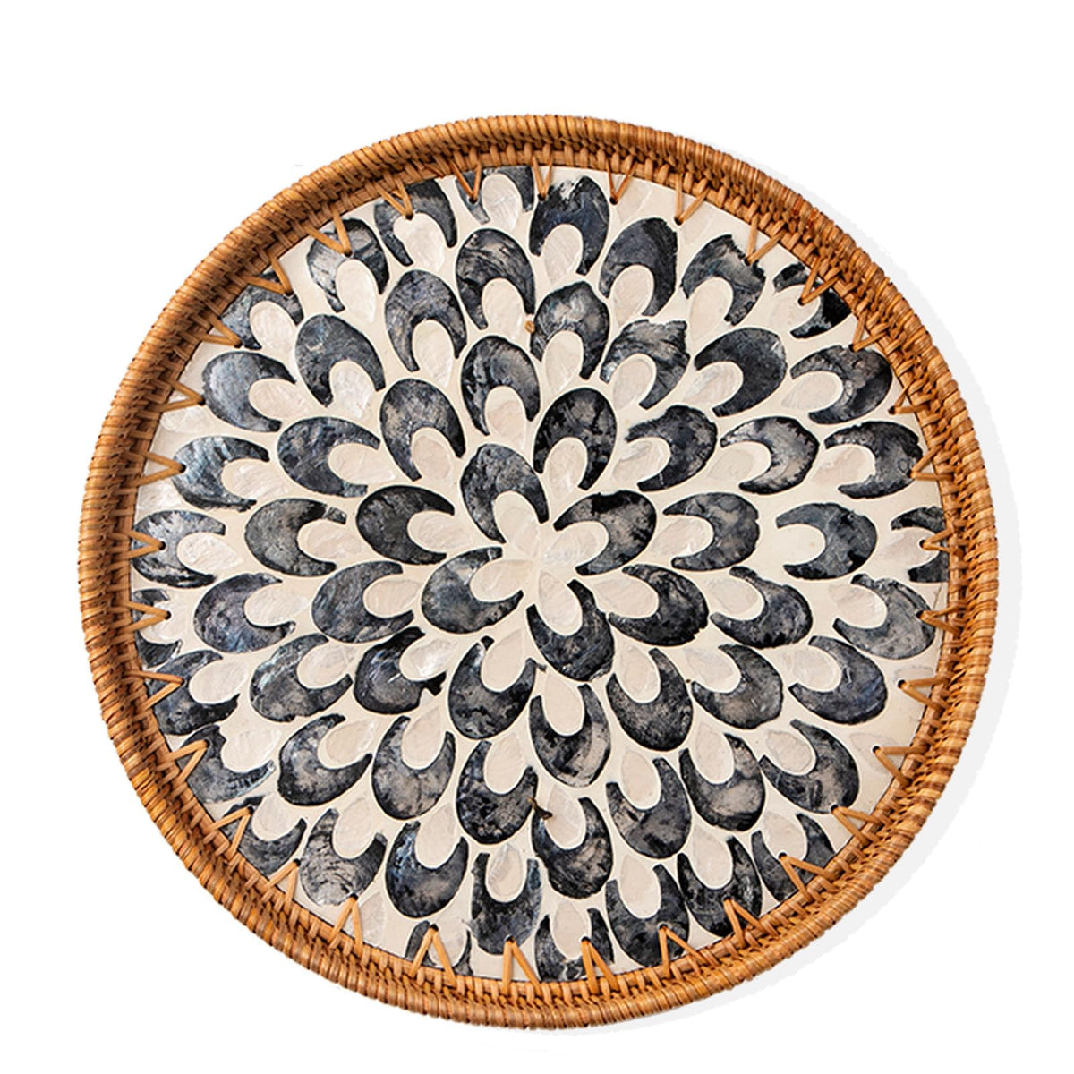 Round Rattan Tray with Mother of Pearl Inlay, Wooden Base