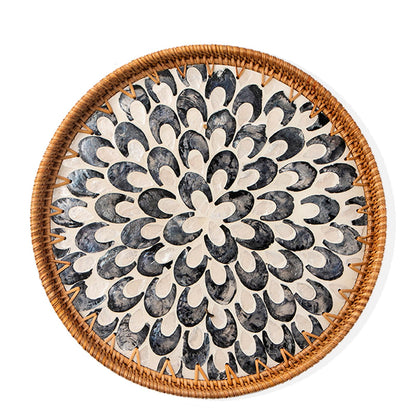 Round Rattan Tray with Mother of Pearl Inlay, Wooden Base