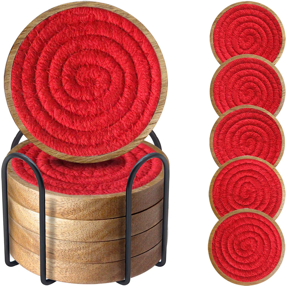 Wood Coasters for Drinks, Eykao Absorbent Coaster Sets of 5, Woven Drink Coasters for Coffee Table, Housewarming Gift for Farmhouse Home Decor,4 inches