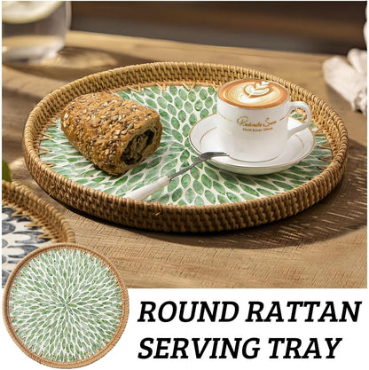 Round Rattan Tray with Mother of Pearl Inlay, Wooden Base