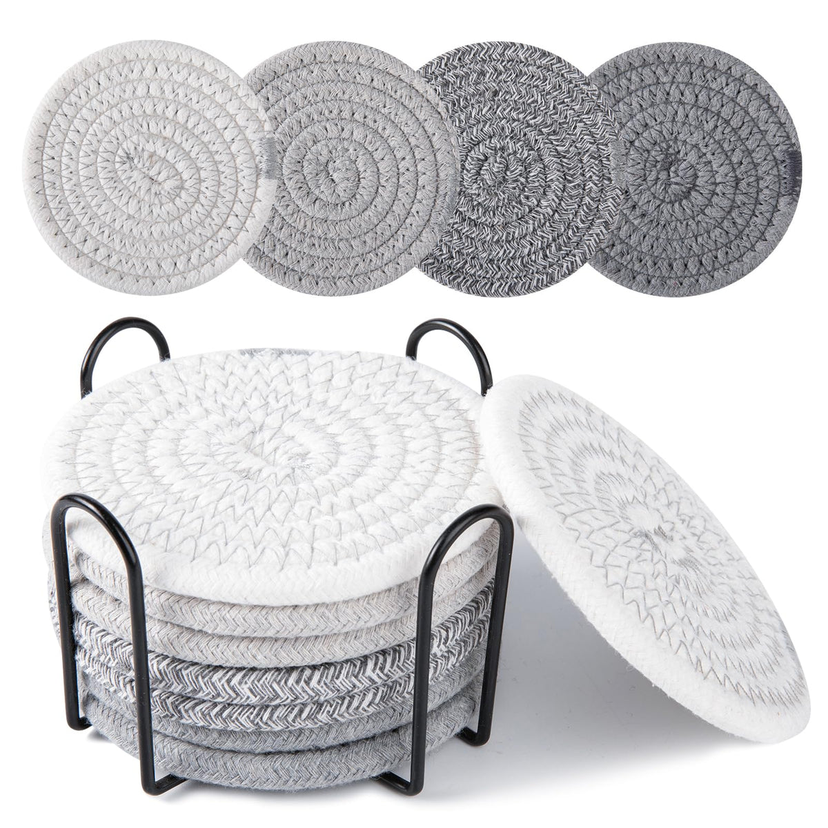 OIAHOMY 8 Pcs Coasters with Holder for Beer, Coffee, Woven Cotton Coaster Set for Table Decor for Kitchen, Bar, Dining Room, Living Room, Housewarming Gifts - Yellow