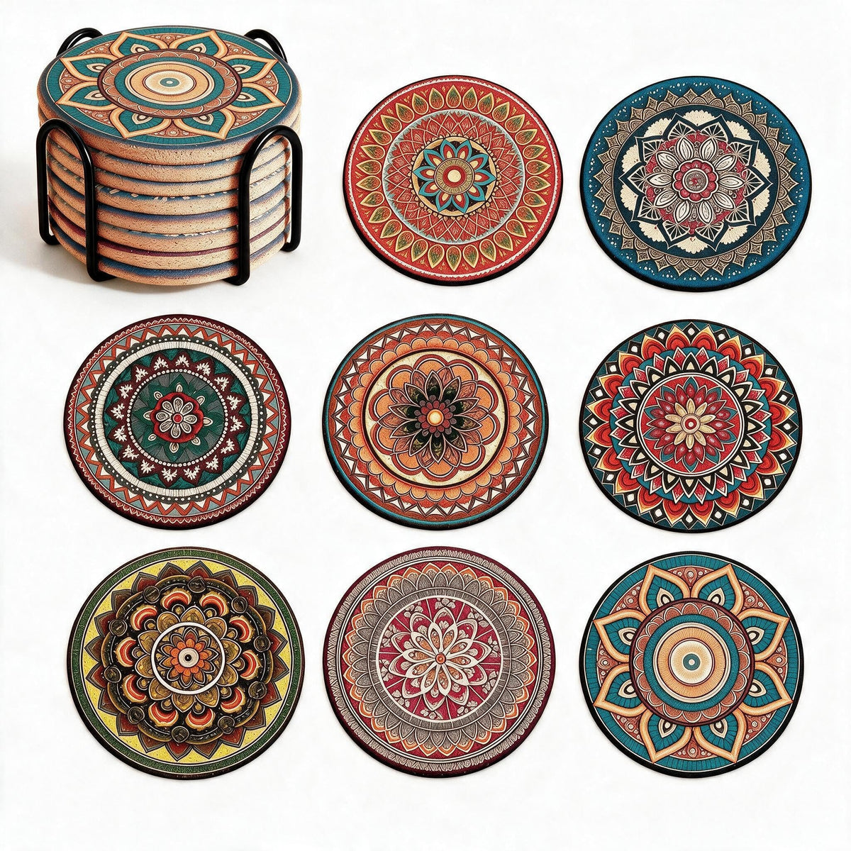 Cork Coasters Set of 8,Colorful Drink Coaster with Holder,4 Inch