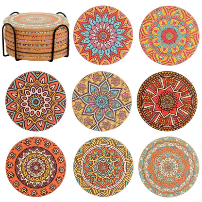 Cork Coasters Set of 8,Colorful Drink Coaster with Holder,4 Inch