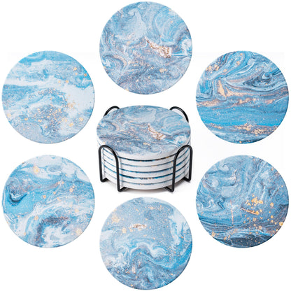 6Pcs Absorbent Coasters Set with Holder,Ceramic Drink Coaster,4 in（A1）