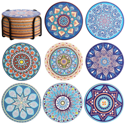 Cork Coasters Set of 8,Colorful Drink Coaster with Holder,4 Inch