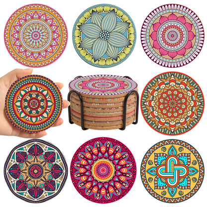 Cork Coasters Set of 8,Colorful Drink Coaster with Holder,4 Inch