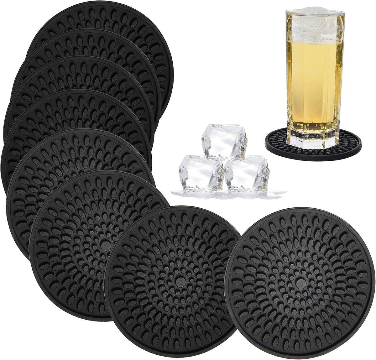 KindGa Rubber Coasters for Drinks - Large Silicone Coasters Set of 8 Brown