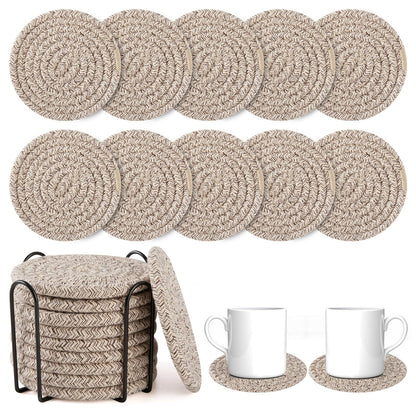 OIAHOMY 8 Pcs Coasters with Holder for Beer, Coffee, Woven Cotton Coaster Set for Table Decor for Kitchen, Bar, Dining Room, Living Room, Housewarming Gifts - Yellow