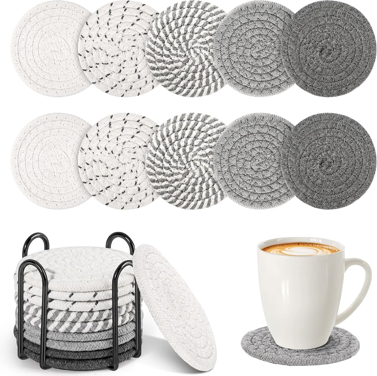 10-Pack Cotton Linen Coasters with Holder、Absorbent for Kitchen Dining Bar