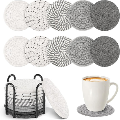 10-Pack Cotton Linen Coasters with Holder、Absorbent for Kitchen Dining Bar