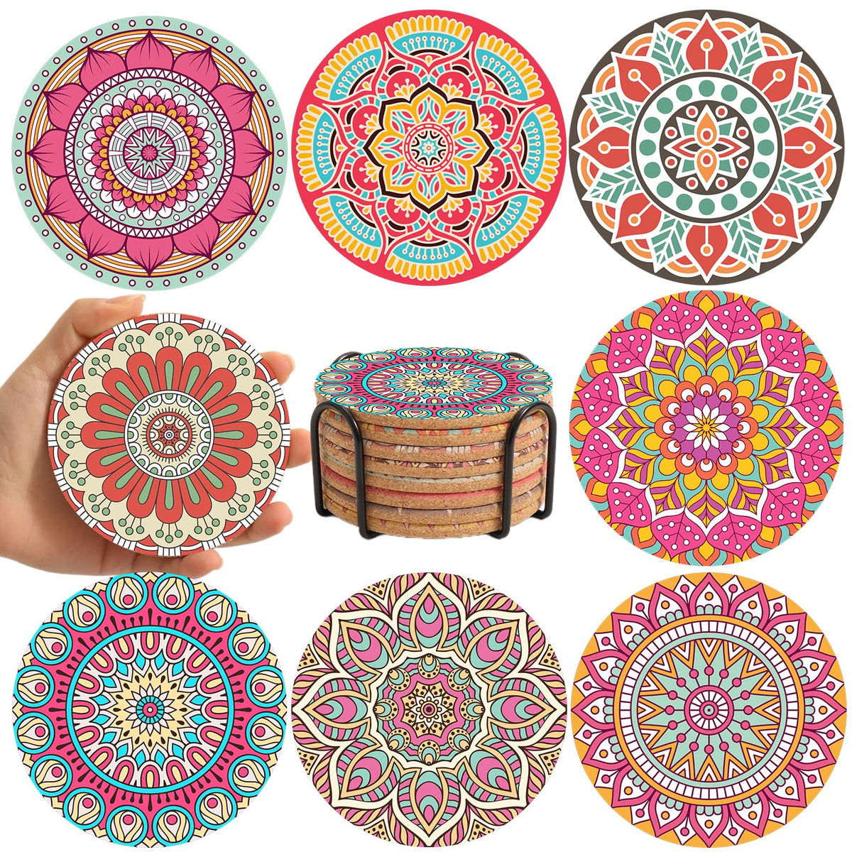 Cork Coasters Set of 8,Colorful Drink Coaster with Holder,4 Inch