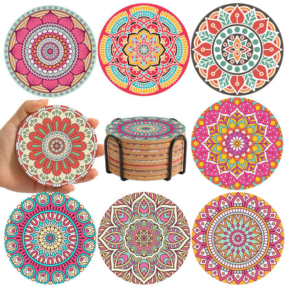 Cork Coasters Set of 8,Colorful Drink Coaster with Holder,4 Inch