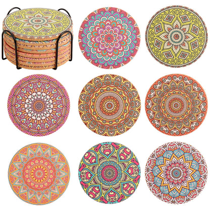 Cork Coasters Set of 8,Colorful Drink Coaster with Holder,4 Inch